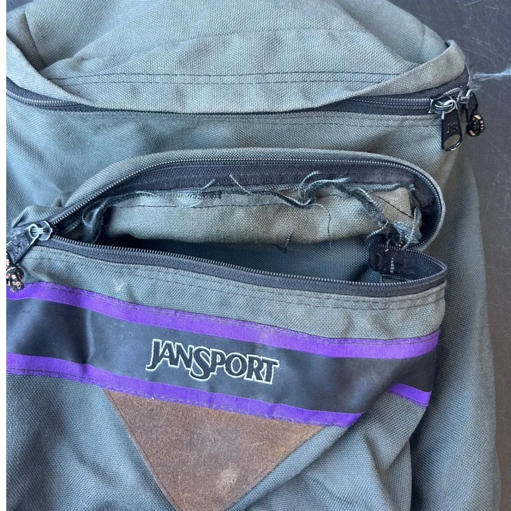 Vintage JanSport Backpack Green Suede Bottom Leather Trim 90s Made in USA Style